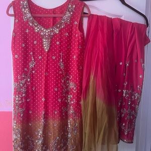 Indian wedding party hot pink and tan churidar kurta..